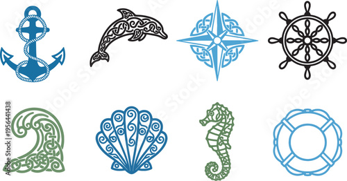 nautical icons with celtic designs on white background