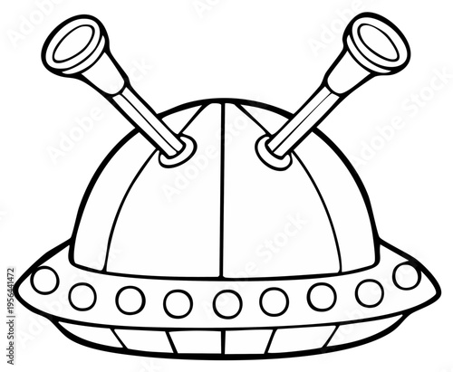 Classic flying saucer UFO illustration with antennae and portholes
