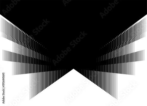 Transition from black to white. Vector divided background with halftone transition abstract rays from lines. Symmetrical pattern with stripes. Striped design element. For covers, advertising, packagin