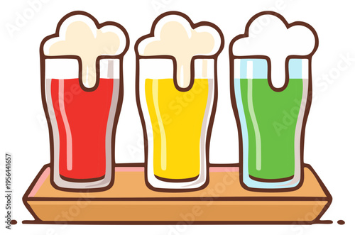 Colorful craft beer flight with red, yellow, and green ale in glasses on a tasting tray icon