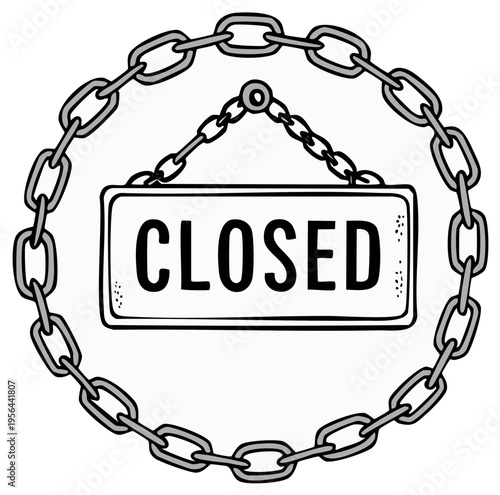 Cartoon illustration of a closed sign hanging inside a circular metal chain frame