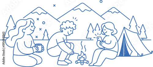 people camping in the mountains with tent and fire