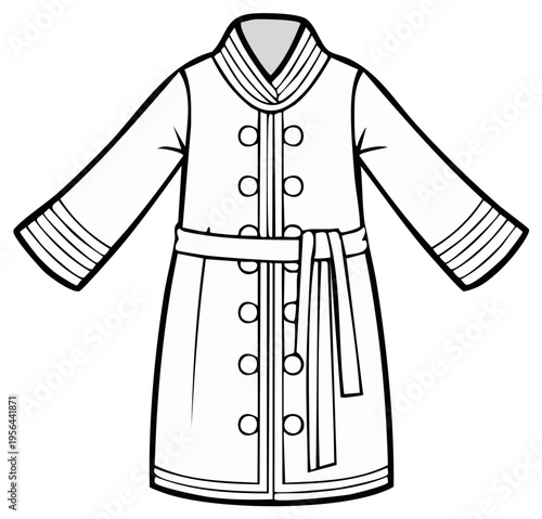 Coat fashion technical drawing with long sleeves and belt detail. Women's clothing coat sketch
