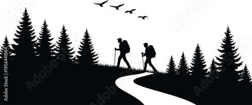 Hiking adventure forest silhouette vector illustration .