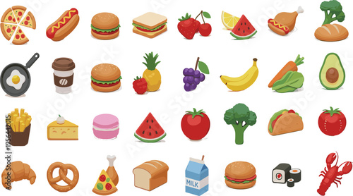 Fast Food and Fresh Fruit Icon Collection Vector Set Featuring Pizza, Burger, Hot Dog, Sushi, Vegetables, and Snacks in Flat Cartoon Style Illustration
