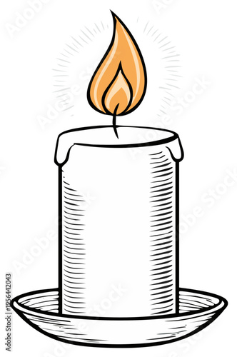Illustration of a lit candle on a saucer with a flame and glowing aura