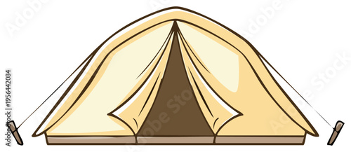 Cartoon illustration of a classic canvas tent with an open doorway and tension ropes tied to stakes