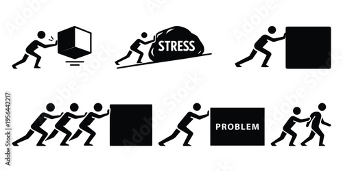 Business Concepts and Metaphors Set: Teamwork, Stress Management, Problem Solving, and Overcoming Obstacles Stick Figure Icons
