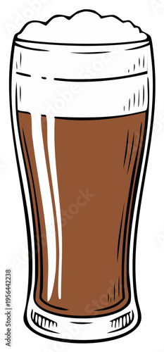 Illustrated pint of stout beer with creamy foam top, vector illustration