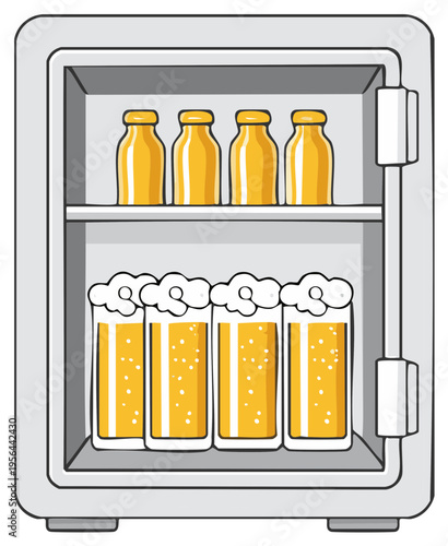 Illustration of a cooler filled with beer bottles and glasses of frothy ale.