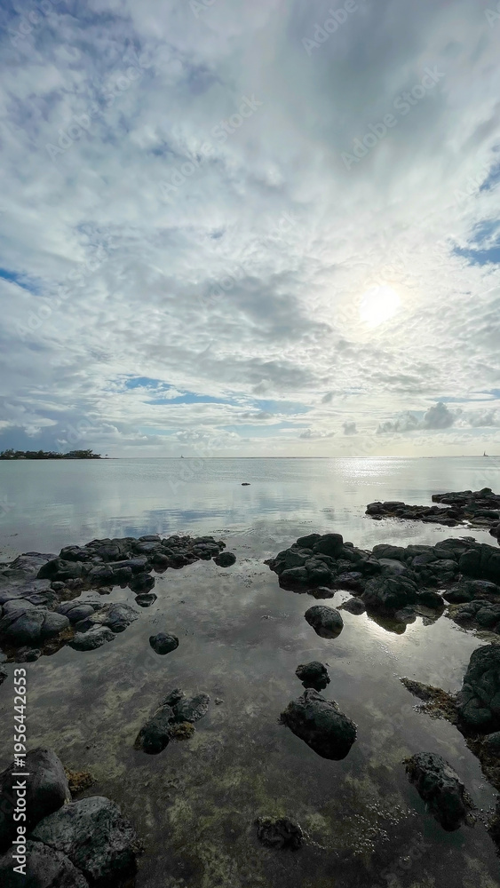Fototapeta premium Serene Tropical Coastline with Dark Volcanic Rocks and Calm Ocean Under a Cloudy Sky