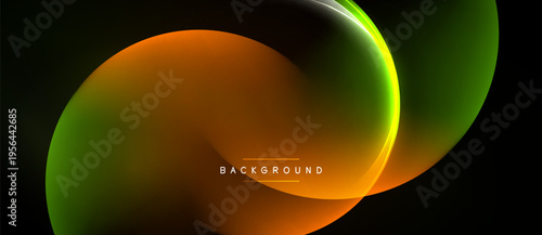 Abstract design features flowing orange, green gradients. Minimalist text reads background centered within shapes. Dark backdrop enhances vibrant colors.