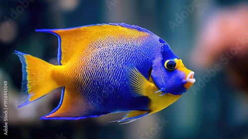 Brilliant tropical marine fish displays vibrant blue and yellow coloration underwater