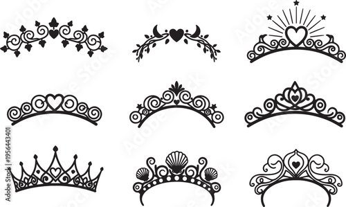 set of luxury crowns and tiaras with hearts and flowers