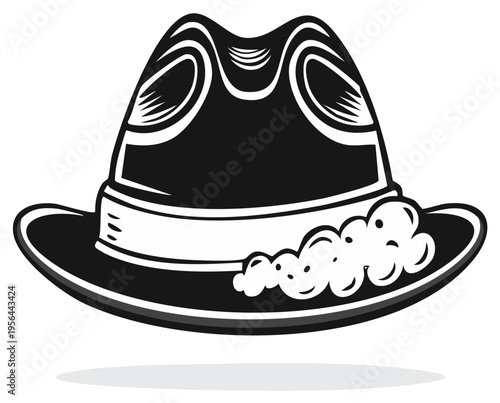 Classic black fedora hat with white band and decorative feather detail