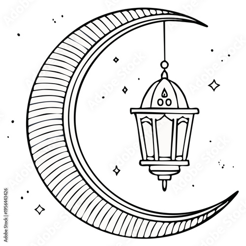 Islamic crescent moon with hanging lantern and stars doodle art