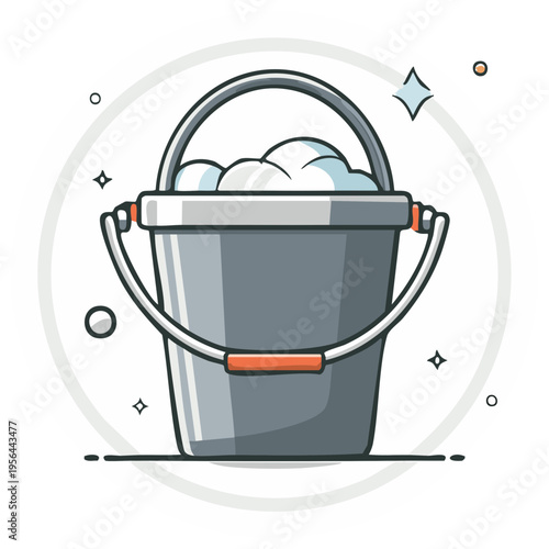 Illustration of a bucket filled with soapy foam and a handle