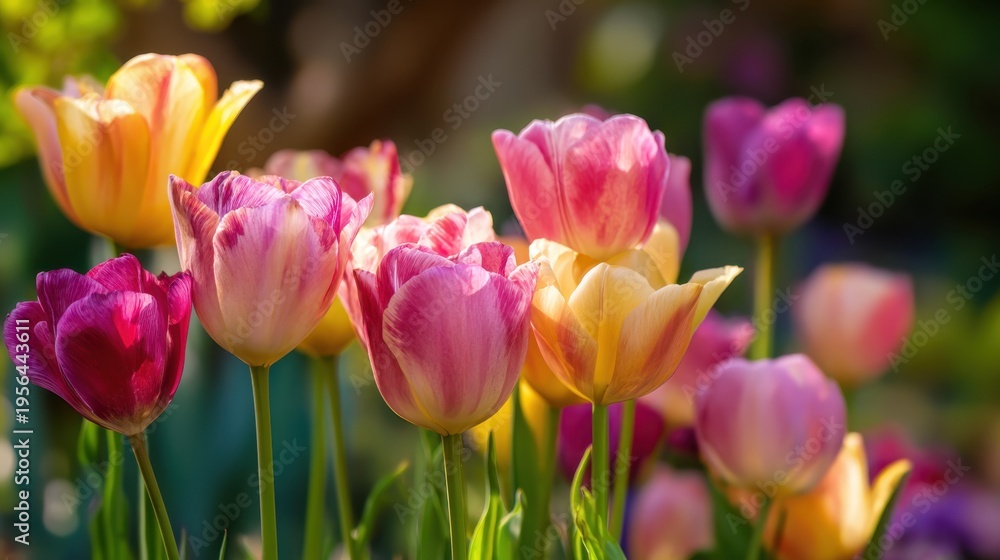 Obraz premium Pink and yellow tulips clustered in sunlit garden
