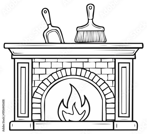 Outline drawing of fireplace, burning flame, shovel, and hearth brush on the mantel, black and white