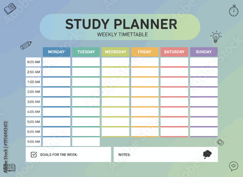 A study planner with a colorful weekly timetable on a blue-green background helps students organize their schedule efficiently at home or in an office.