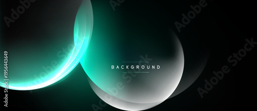 Abstract design features glowing curves, gradients. Dark background enhances bright teal, white shapes. Modern, minimalist aesthetic.