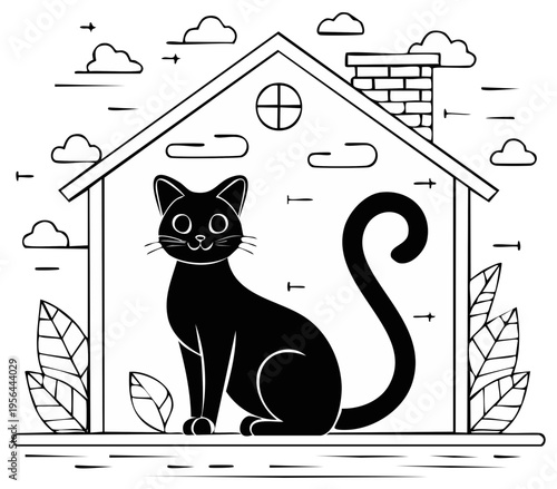 Black Cat Seated Inside a Line Art House with Chimney and Leaf Illustration