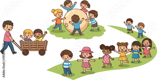 Happy kids playing outdoor activities set with children games teamwork fun cartoon vector illustration collection