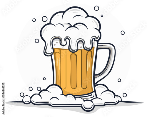 Refreshing Frothy Beer Mug with Overflowing Foam Bubbles and Liquid Refreshment