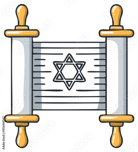 Cartoon scroll with Star of David symbol. Religious graphic illustration.