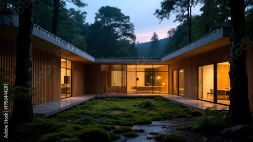 Sleek architectural design with wooden slats and central moss yard