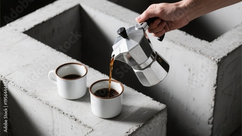 Person pouring hot coffee from moka pot into small cups on concrete blocks