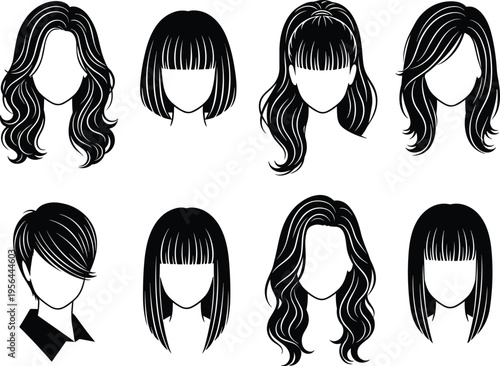 Hairstyle silhouettes collection, haircut icons, women hair designs, fashion styles, beauty illustration, layered cuts, bob hairstyle, pixie cut, vector graphic, salon art