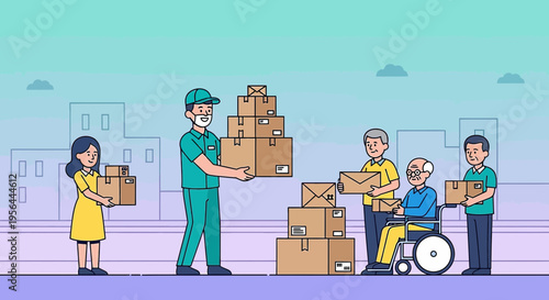 Delivery service for seniors and community support with contactless option illustration