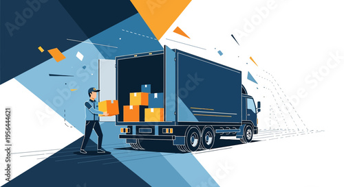 Delivery service illustration showcasing truck, boxes, and loader in a dynamic graphical composition