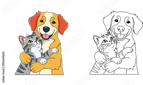 Happy cartoon dog hugging a cute cat. Colored and black and white outline vector illustration for coloring book page.
