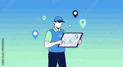 Delivery service professional with tablet navigating with animated map on a light blue background
