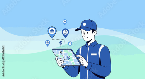 Delivery service worker using digital tablet for navigation planning routes efficiently