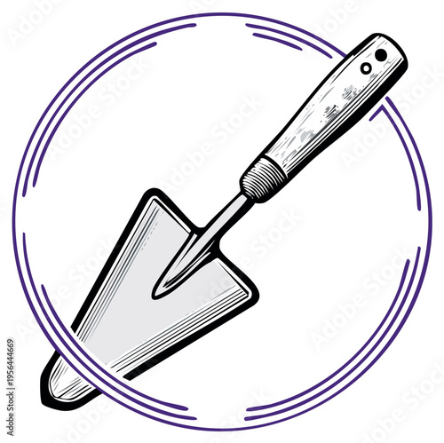 Vintage Hand Trowel Illustration with Decorative Circle Frame