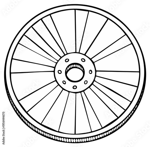 Monochrome illustration of a spoked wheel, showcasing design elements for industrial or transportation contexts