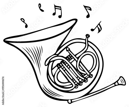 Illustration of a French Horn with Music Notes, Outline Drawing