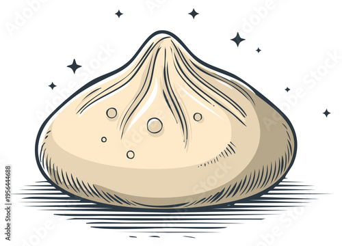 Hand-drawn illustration of a single, delicious-looking dumpling with sparkling stars, suggesting a delightful culinary experience.