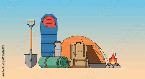 Detailed Camping Equipment Illustration with Tent and Bonfire for Outdoor Adventures