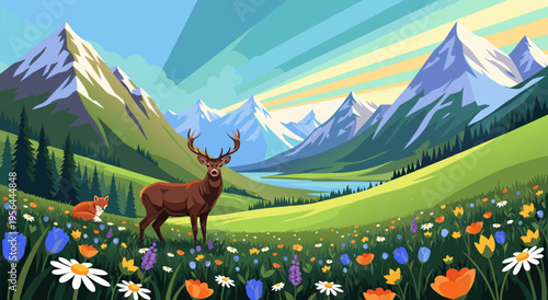 Enchanting vector illustration of a majestic stag and a fox in a vibrant wildflower meadow with snow-capped mountains in the background, serene nature scene