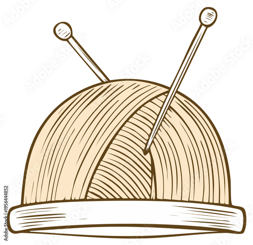 Vintage style drawing of a ball of yarn with two knitting needles for a craft hobby