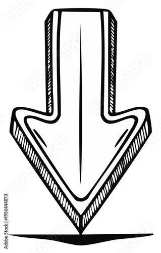 Hand drawn doodle sketch style black outline down arrow graphic element with volumetric shading effect