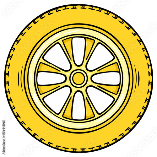 Vibrant yellow car wheel with intricate spokes and detailed tire tread illustration