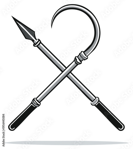 Crossed spear and sickle illustration in monochrome, symbolizing agricultural tools and weaponry