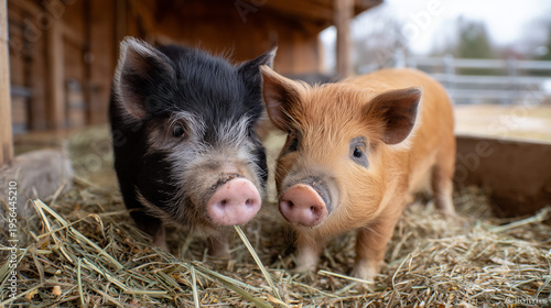 a fat pig begging for oats from his brother pig that is hogging all the oats