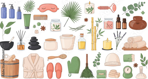 Spa Wellness Accessories Icon Set with Skincare Bottles Towels Candles Bamboo Stones Essential Oils Bathrobe Slippers and Herbal Relaxation Elements Vector Illustration