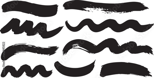 A dynamic set of hand-drawn paint brush strokes featuring thick ink swashes, wavy lines, and textured smears.